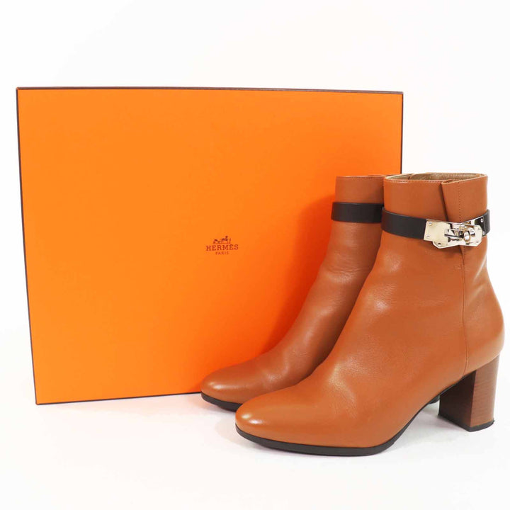 美品◎HERMES エルメス Saint Germain サンジェルマン シルバー金具 ケリー金具 レザーショートブーツ ブラウン ブラック 35.5 箱付 伊製