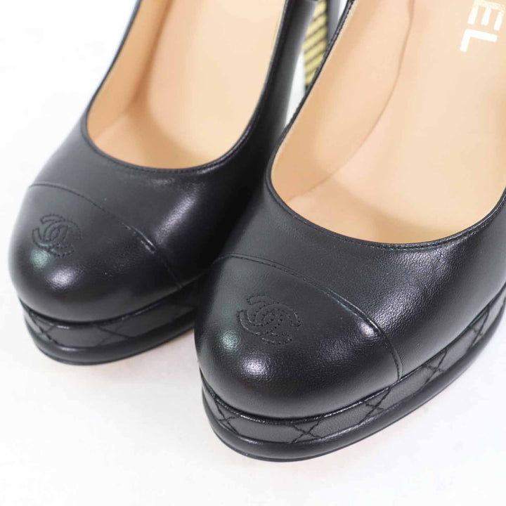極美品◎CHANEL シャネル G28461 美脚 ココマークステッチ ラウンドトゥ レザー パンプス 12cmヒール ブラック 36 イタリア製 レディース