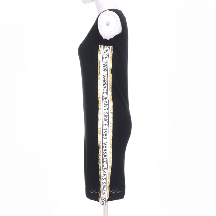 美品☆Versace Jeans ヴェルサーチ・ジーンズ B4HTB804 ロゴテープデザイン ノースリーブ ニット ワンピース ブラック M レディース