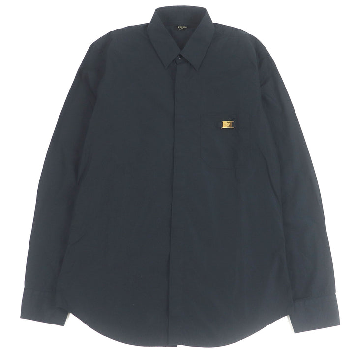 美品□FENDI フェンディ 2021年製 FS0585 コットン100％ ロゴゴールドプレート ロングスリーブ 長袖シャツ 黒 39 イタリア製 正規品