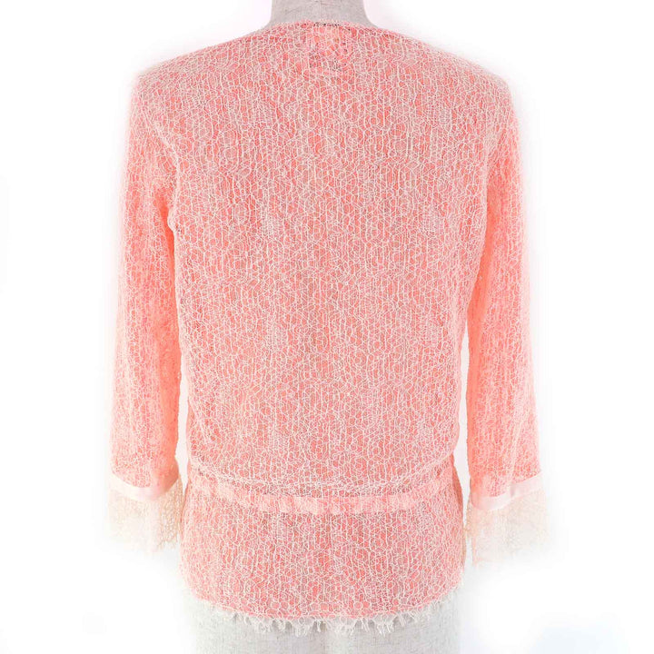美品△CHANEL シャネル P38256 ココマークボタン リボンベルト 総レース カーディガン ボレロ サーモンピンク ホワイト 36 イタリア製