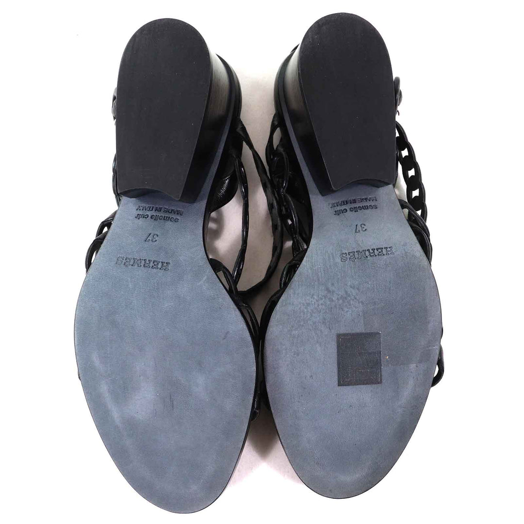 美品△HERMES エルメス 181096Z ロマンツォ シェーヌダンクル アンクルストラップ レザー サンダル ブラック 37 イタリア製 レディース