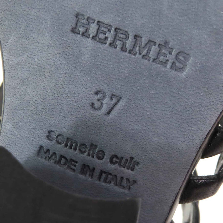 美品△HERMES エルメス 181096Z ロマンツォ シェーヌダンクル アンクルストラップ レザー サンダル ブラック 37 イタリア製 レディース