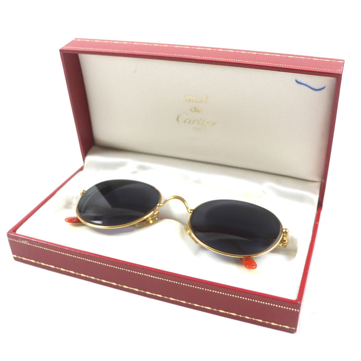 美品▼Cartier カルティエ トリニティ ロゴ金具付き マーブル柄 アイウェア サングラス ゴールド オレンジ 52□21 135 フランス製 メンズ