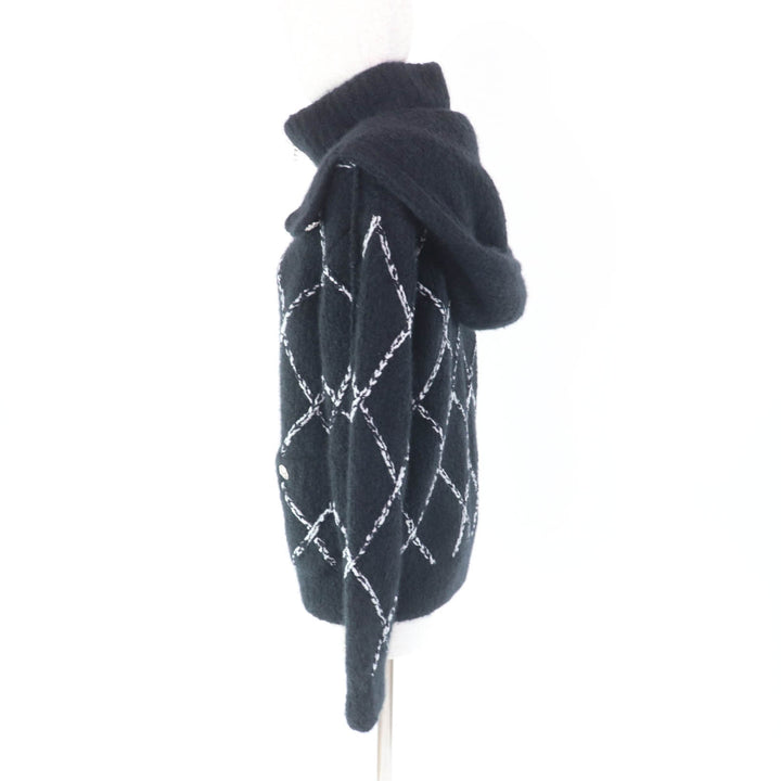 極美品★CHANEL シャネル P74369 カシミヤ シルク混 ラインストーンココマークボタン付 マトラッセ柄 ZIP UP ジャケット 黒 白 38 袋付