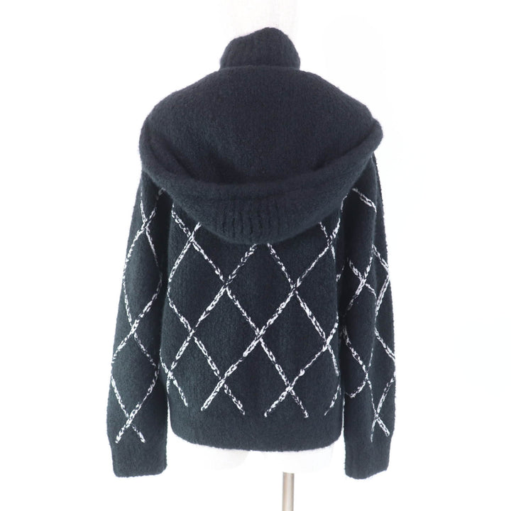 極美品★CHANEL シャネル P74369 カシミヤ シルク混 ラインストーンココマークボタン付 マトラッセ柄 ZIP UP ジャケット 黒 白 38 袋付