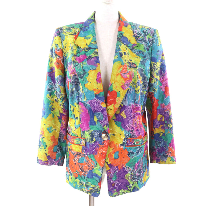 極美品★LEONARD FASHION レオナール ファッション シルク100％ ロゴ金ボタン付 花柄 テーラードジャケット マルチ 11 レディース