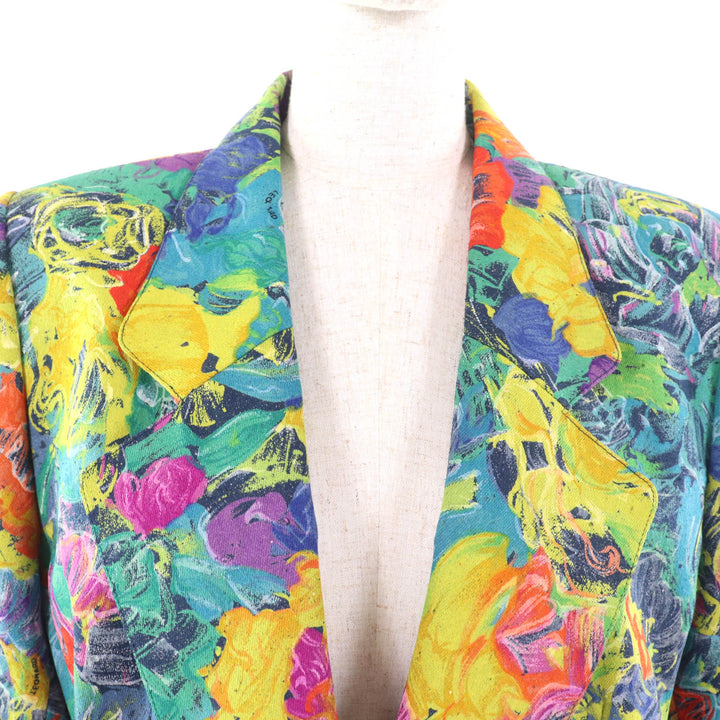 極美品★LEONARD FASHION レオナール ファッション シルク100％ ロゴ金ボタン付 花柄 テーラードジャケット マルチ 11 レディース