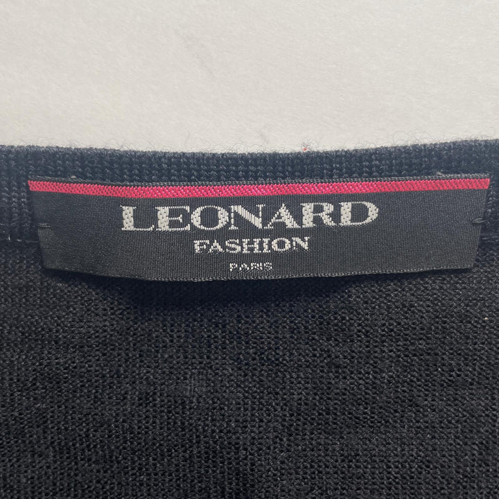美品▲LEONARD レオナール ウール シルク混 ペイズリー スパンコール装飾 クルーネック 長袖 カーディガン ブラック M 日本製 正規品