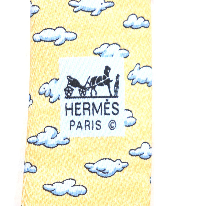 極美品▼HERMES エルメス シルク100% 雲 アニマル 総柄 ネクタイ オレンジ ブルー フランス製 メンズ ビジネスオスス◎