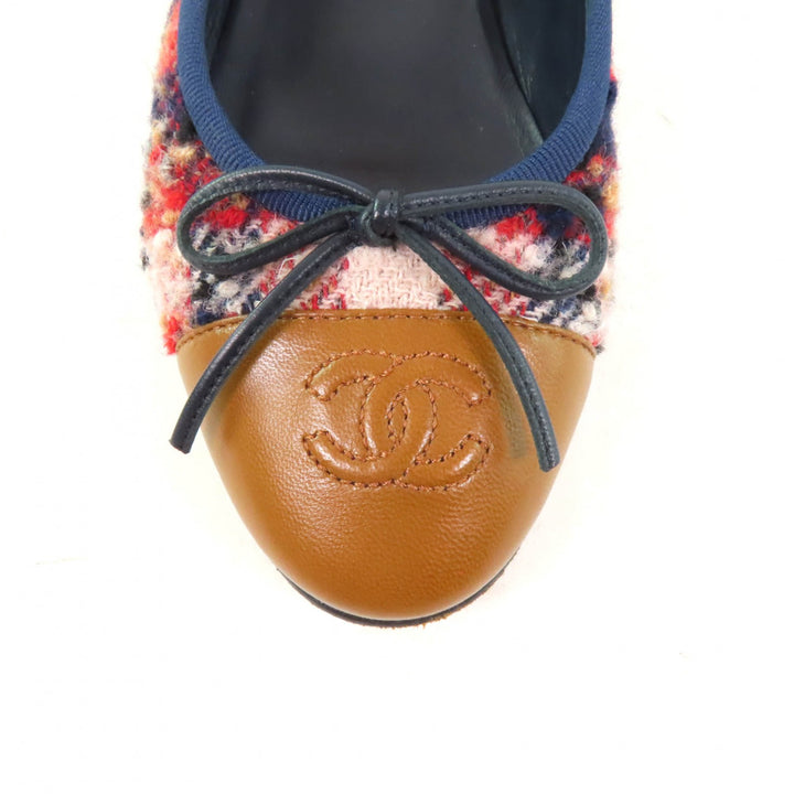 美品★CHANEL シャネル バレリーナ ココマーク リボン付 レザー使い ツイード フラットパンプス マルチ 35.5 保存袋付き 伊製 レディース
