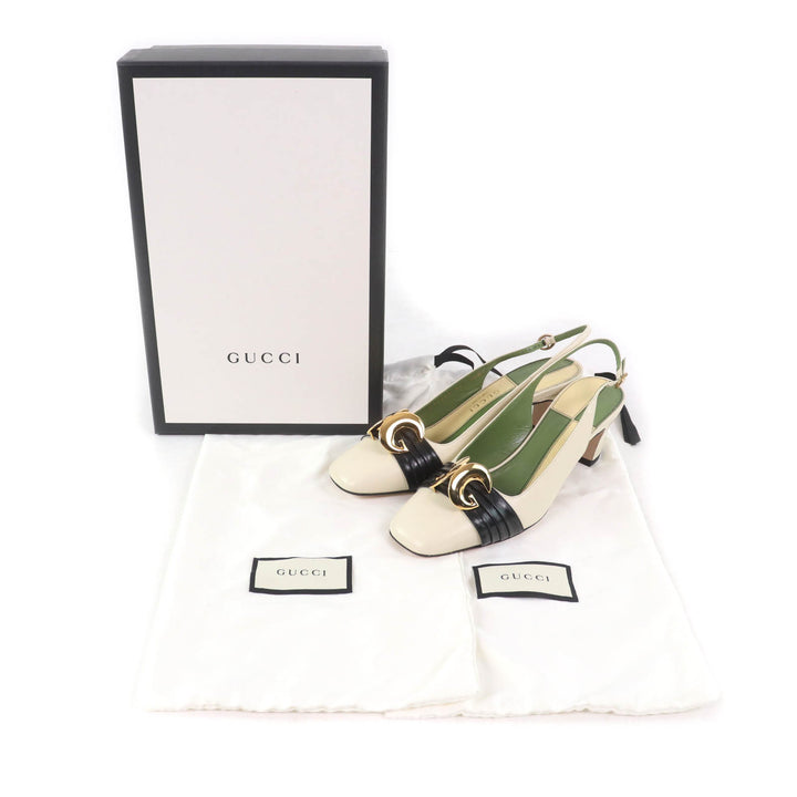 未使用品★GUCCI グッチ 572232 ハーフムーンGG バックストラップ スクエアトゥ レザー パンプス アイボリー 37 保存袋付き レディース