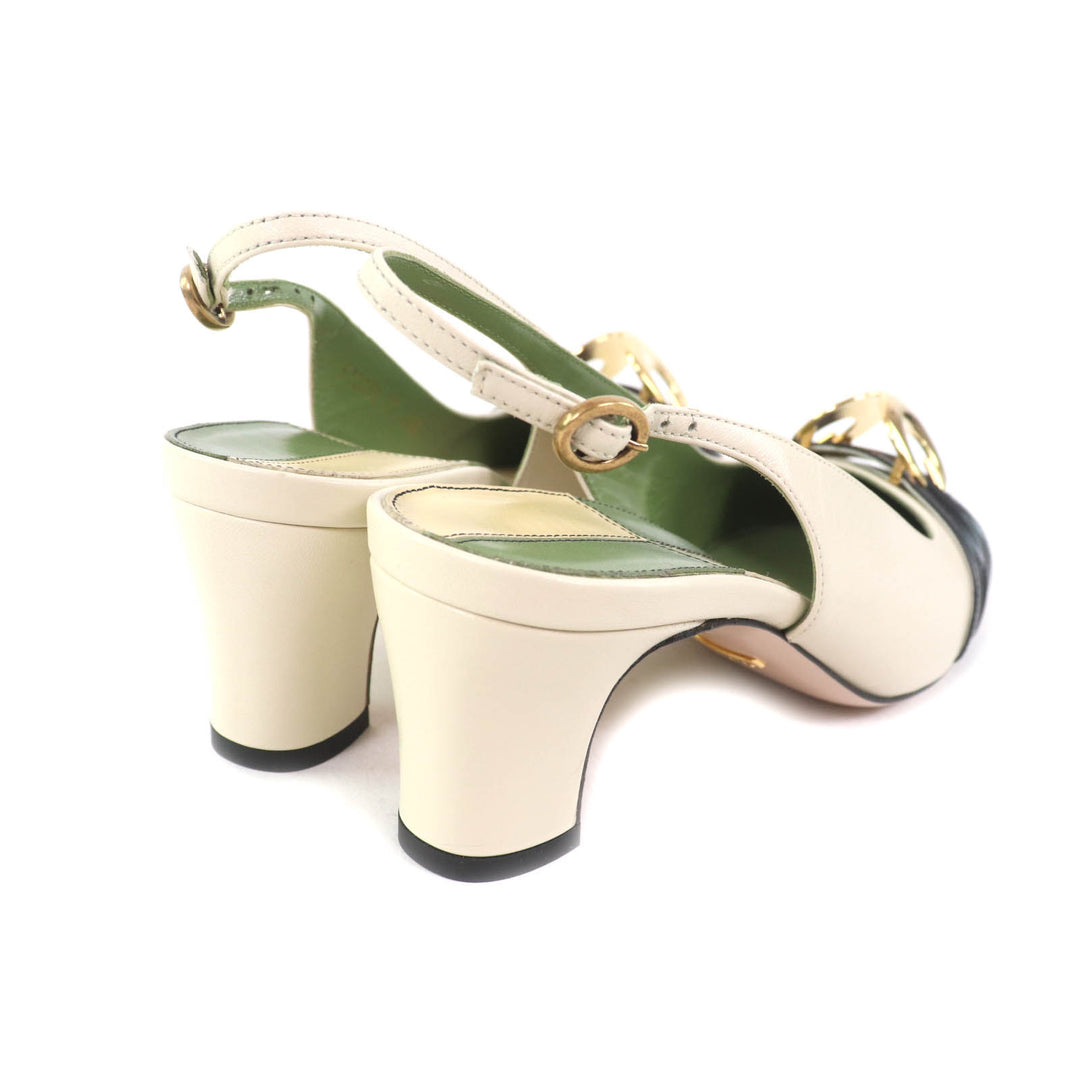 未使用品★GUCCI グッチ 572232 ハーフムーンGG バックストラップ スクエアトゥ レザー パンプス アイボリー 37 保存袋付き レディース