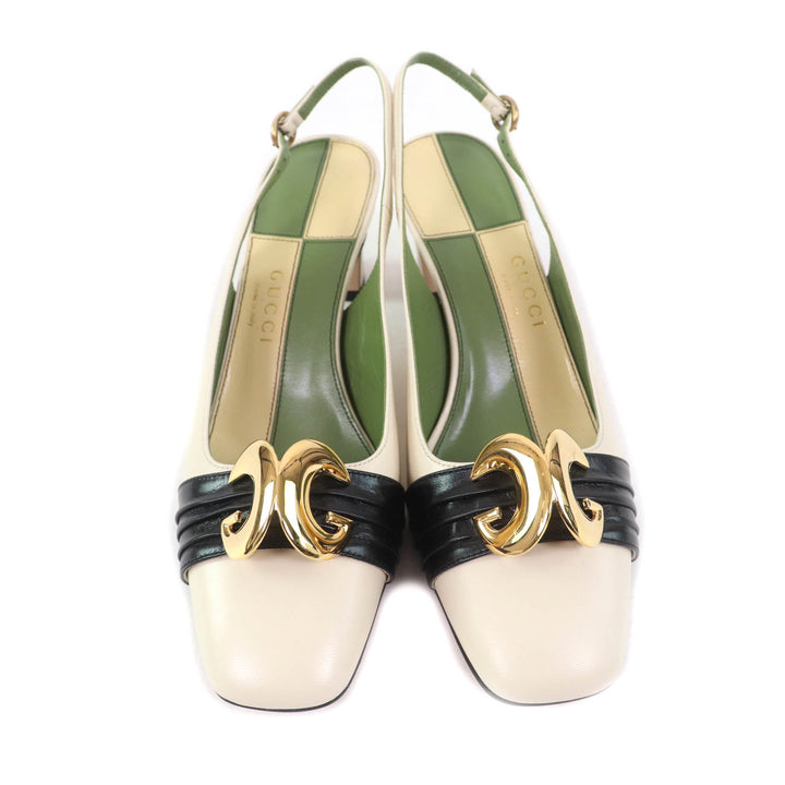 未使用品★GUCCI グッチ 572232 ハーフムーンGG バックストラップ スクエアトゥ レザー パンプス アイボリー 37 保存袋付き レディース