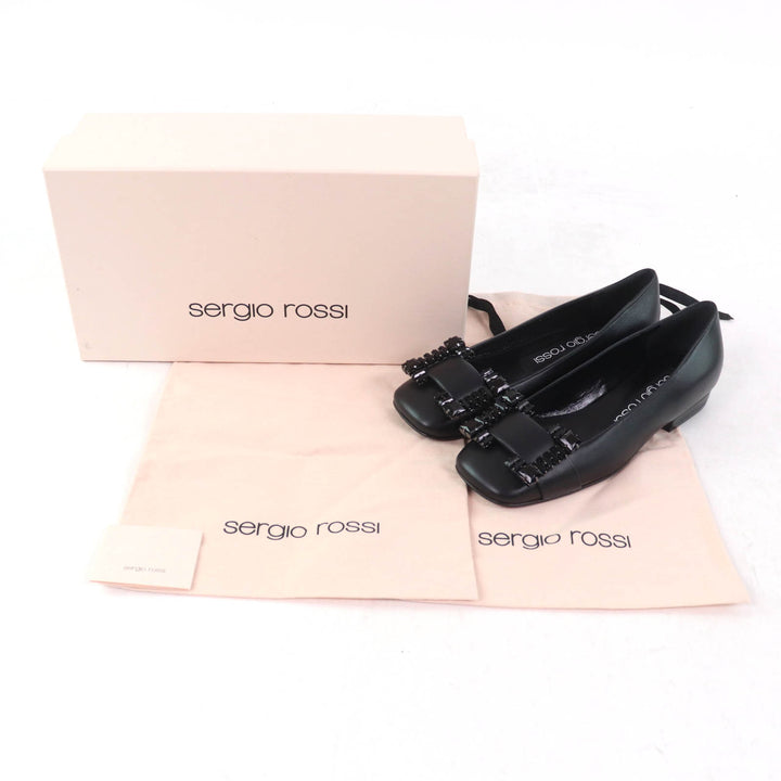 未使用品★Sergio Rossi セルジオロッシ A92270 SR PRINCE ビジュー付 レザー バレエフラット パンプス 黒 35 箱・袋付 定価157300円