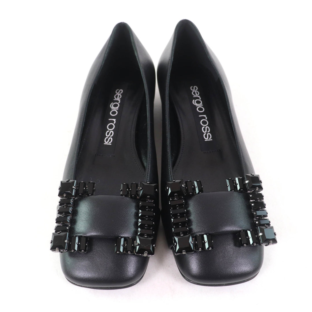 未使用品★Sergio Rossi セルジオロッシ A92270 SR PRINCE ビジュー付 レザー バレエフラット パンプス 黒 35 箱・袋付 定価157300円