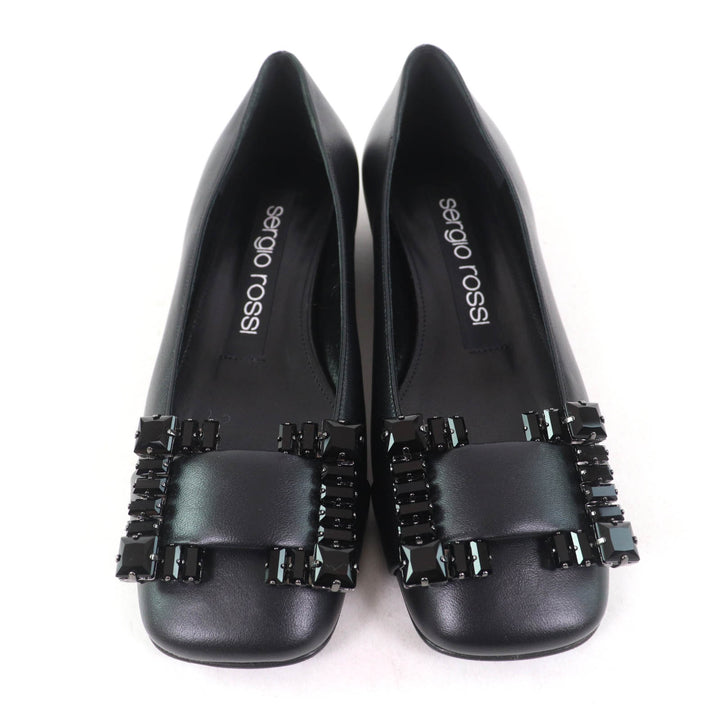 未使用品★Sergio Rossi セルジオロッシ A92270 SR PRINCE ビジュー付 レザー バレエフラット パンプス 黒 35 箱・袋付 定価157300円