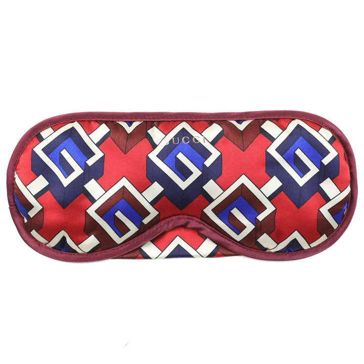 未使用品△GUCCI グッチ ジオメトリックGプリント トラベルセット シルク100％ アイマスク エアピロー スリッパ 3点セット 赤紺 M 伊製