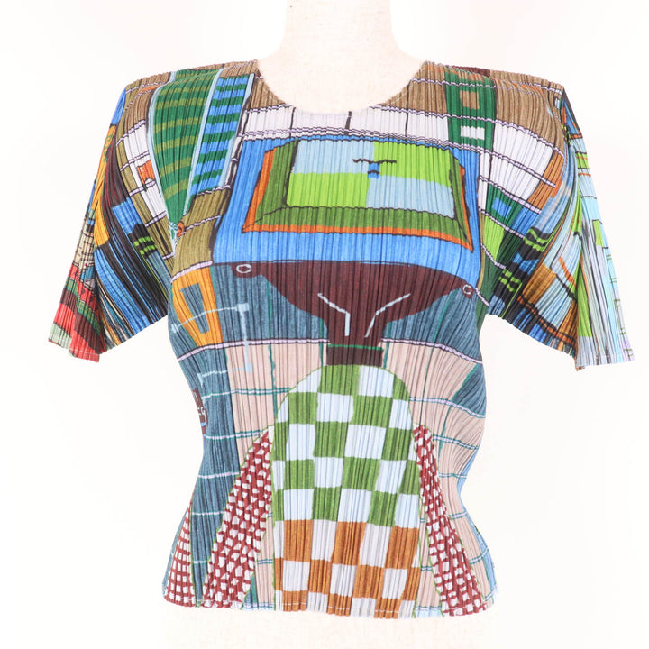 極美品☆PLEATS PLEASE プリーツプリーズ イッセイミヤケ PP14-JK142 総柄プリント 半袖 カットソー マルチ 3 日本製 正規品 レディース
