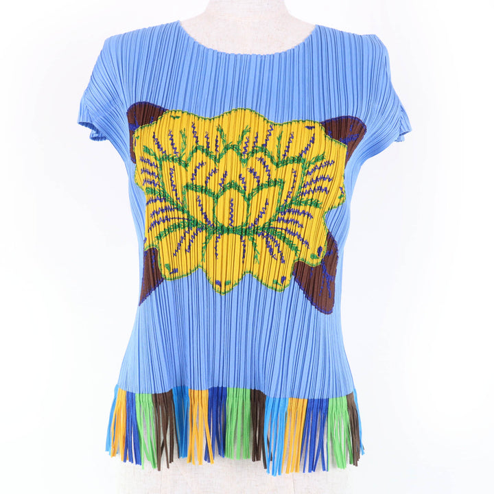 極美品☆PLEATS PLEASE プリーツプリーズ イッセイミヤケ PP91-JK572 トロピカルフラワー フリンジ付 カットソー ブルー系 3 正規品