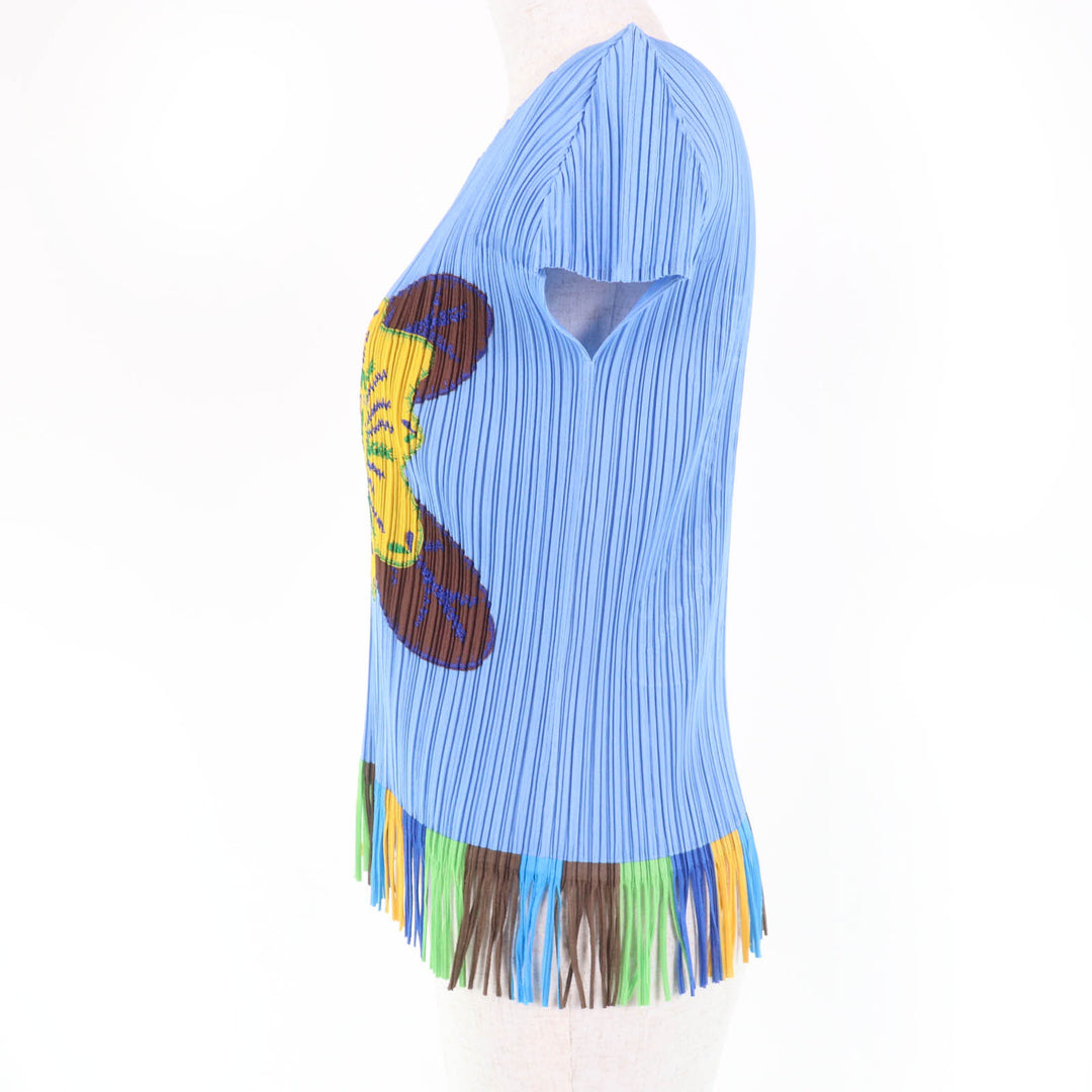 極美品☆PLEATS PLEASE プリーツプリーズ イッセイミヤケ PP91-JK572 トロピカルフラワー フリンジ付 カットソー ブルー系 3 正規品