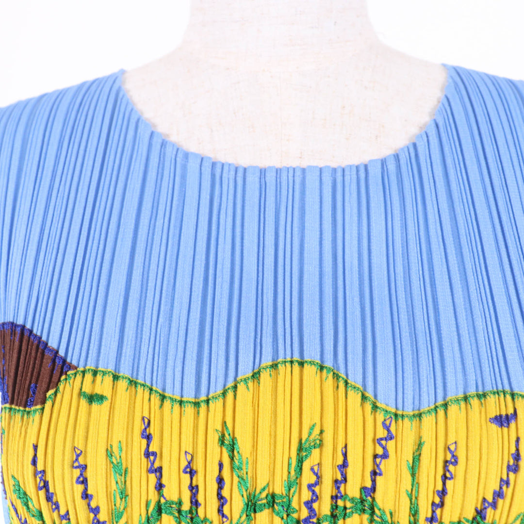極美品☆PLEATS PLEASE プリーツプリーズ イッセイミヤケ PP91-JK572 トロピカルフラワー フリンジ付 カットソー ブルー系 3 正規品