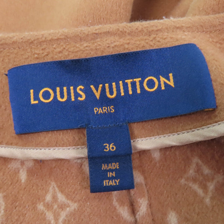 極美品☆LOUIS VUITTON ルイヴィトン ウール シルク混 裏地モノグラム ベルテッド ノーカラー ロング丈 コート ブラウン 36 正規品