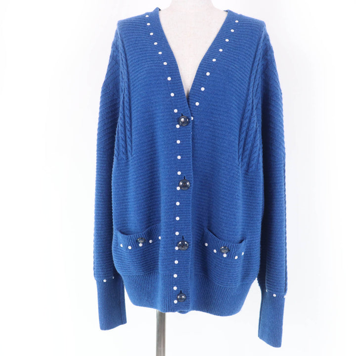 極美品☆CHANEL シャネル P53610K06955 カシミヤ混 ココボタン フェイクパール付 長袖 ニット カーディガン ブルー 38 正規品 レディース