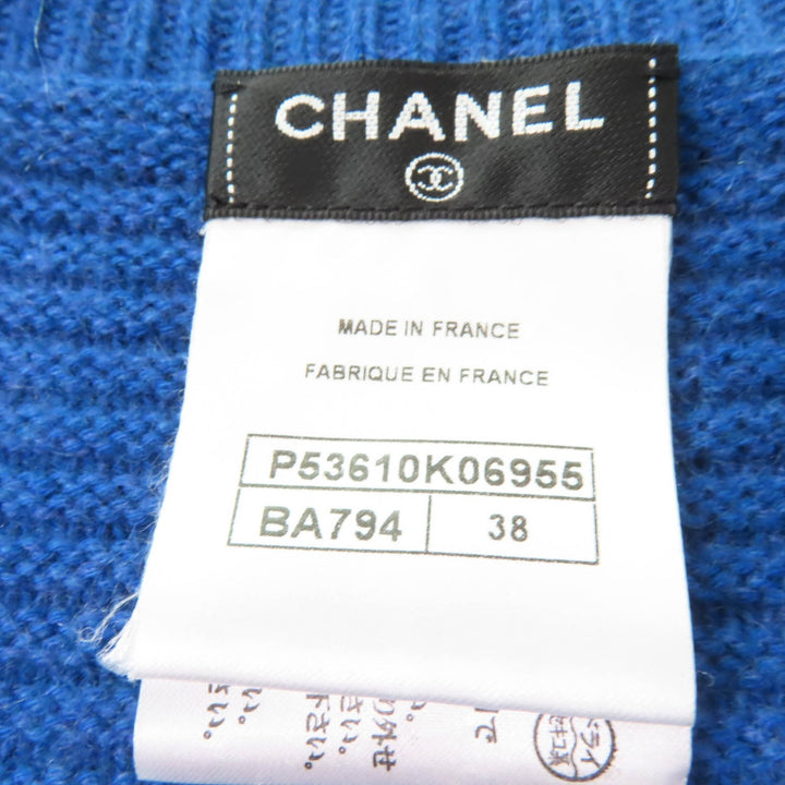 極美品☆CHANEL シャネル P53610K06955 カシミヤ混 ココボタン フェイクパール付 長袖 ニット カーディガン ブルー 38 正規品 レディース