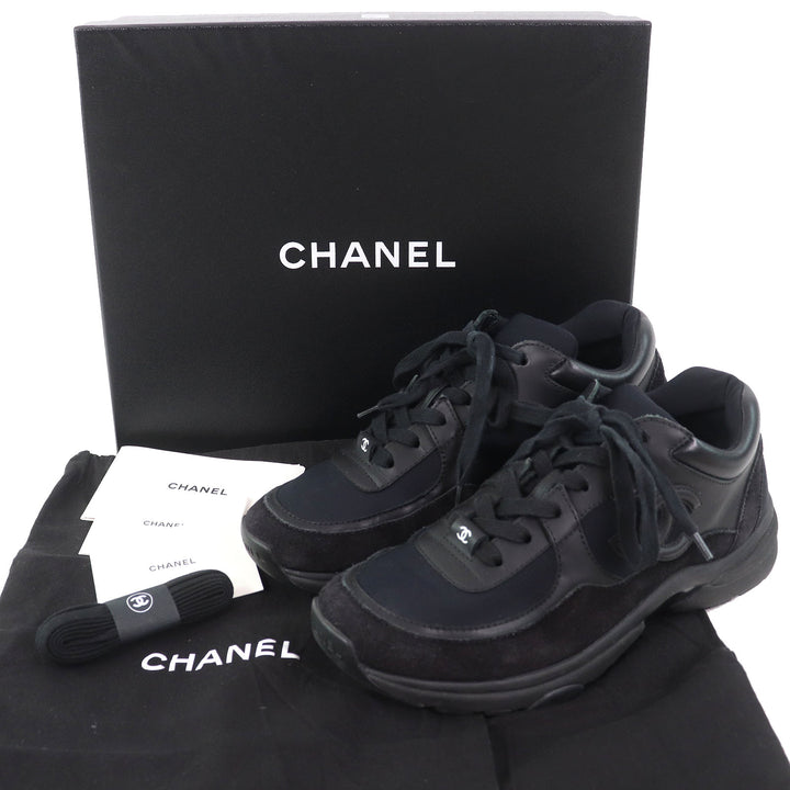 美品△CHANEL シャネル G45016 ココマーク スウェード レザー スニーカー オールブラック 36.5 保存袋付き イタリア製 レディース
