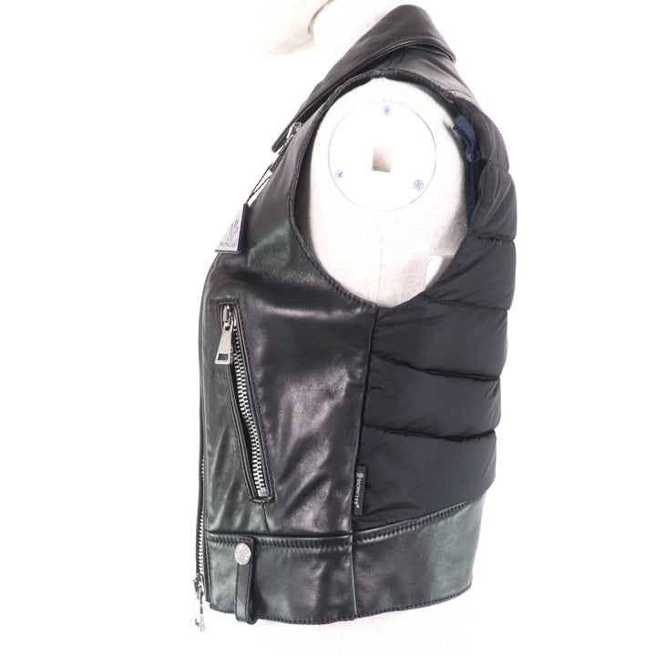 未使用品☆MONCLER モンクレール RODEIA ロゴボタン付 ZIP UP レザーベスト ダウンベスト ブラック 0 レディース