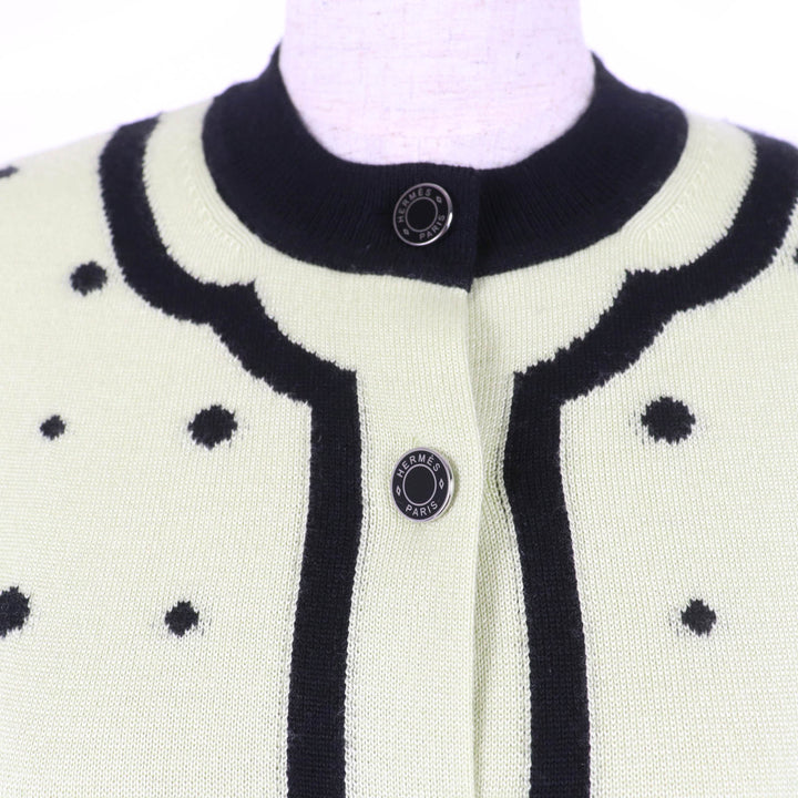 極美品☆エルメス 22AW 2H2703D8 HARNAIS DE COUR 宮廷の馬具 カシミヤ シルク セリエボタン カーディガン ライトグリーン 黒 36 正規品