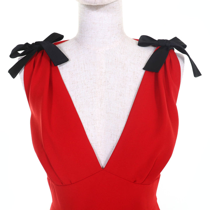 良品△MIUMIU ミュウミュウ MF2364 4KT cady dress 肩リボン ノースリーブ ドレス ワンピース レッド ブラック 38 伊製 正規品 レディース