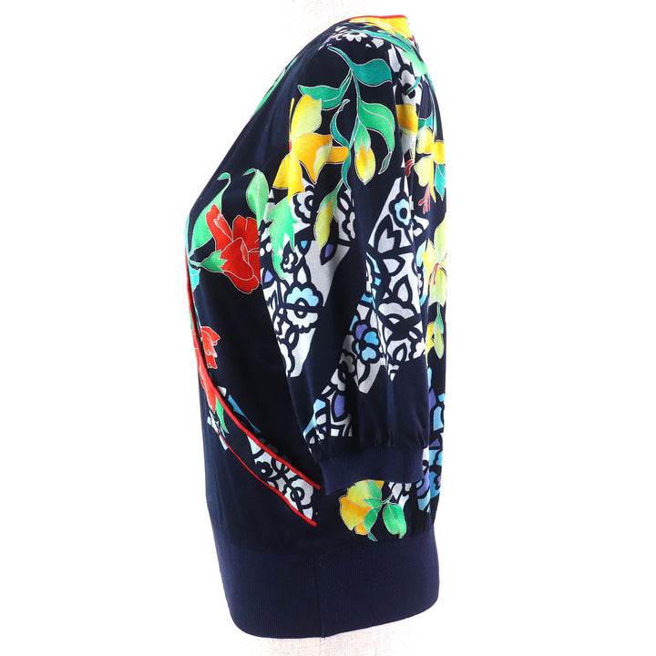 美品△LEONARD FASHION レオナール ファッション コットン100％ 花柄 カシュクールデザイン Vネック 半袖 トップス カットソー M
