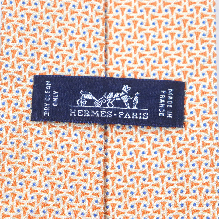 極美品▼HERMES エルメス 659082T シルク100% 総柄 ネクタイ オレンジ ブルー 箱付き フランス製 メンズ ビジネスオスス◎
