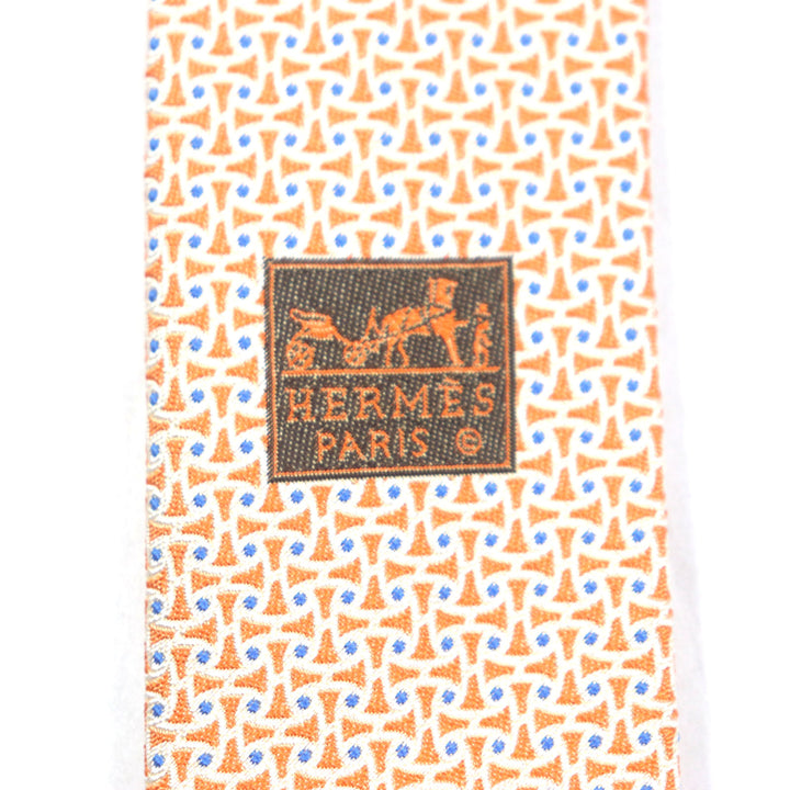極美品▼HERMES エルメス 659082T シルク100% 総柄 ネクタイ オレンジ ブルー 箱付き フランス製 メンズ ビジネスオスス◎