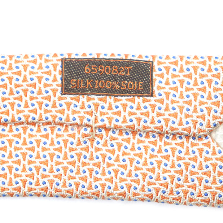 極美品▼HERMES エルメス 659082T シルク100% 総柄 ネクタイ オレンジ ブルー 箱付き フランス製 メンズ ビジネスオスス◎