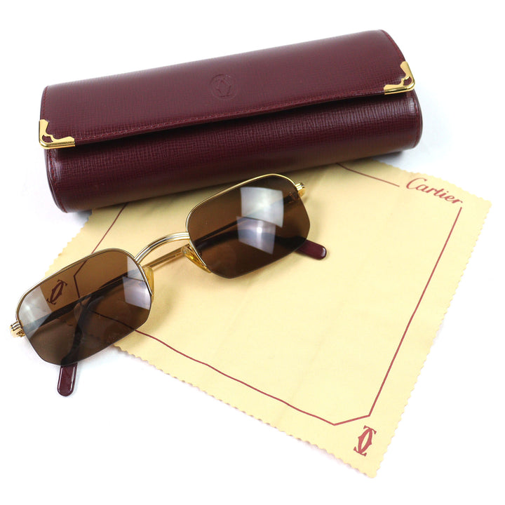 極美品△Cartier カルティエ トリニティ ハーフリム サングラス アイウェア ゴールド ボルドー 51□23 140 デモレンズ フランス製 メンズ