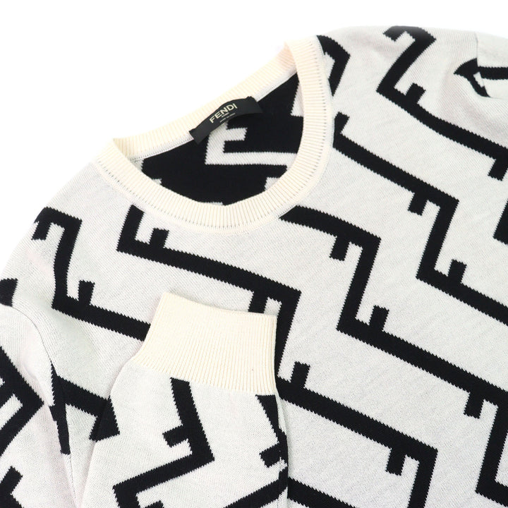 極美品△FENDI フェンディ FZZ489 ウール100％ FFモチーフ 総柄 クルーネック 長袖 ニット セーター アイボリー ブラック 54 伊製 正規品