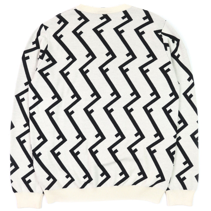 極美品△FENDI フェンディ FZZ489 ウール100％ FFモチーフ 総柄 クルーネック 長袖 ニット セーター アイボリー ブラック 54 伊製 正規品