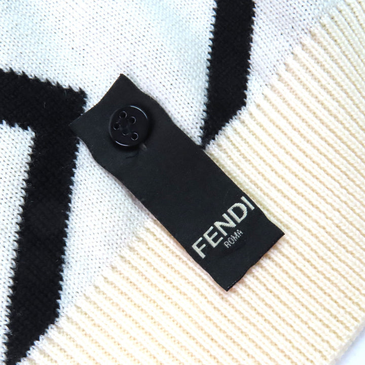 極美品△FENDI フェンディ FZZ489 ウール100％ FFモチーフ 総柄 クルーネック 長袖 ニット セーター アイボリー ブラック 54 伊製 正規品