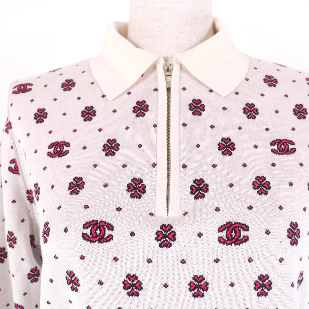 極美品☆CHANEL シャネル 23SS P74276K10699 シルク コットン ココマーク ハーフZIP ニット アイボリー ピンク 36 正規品 レディース