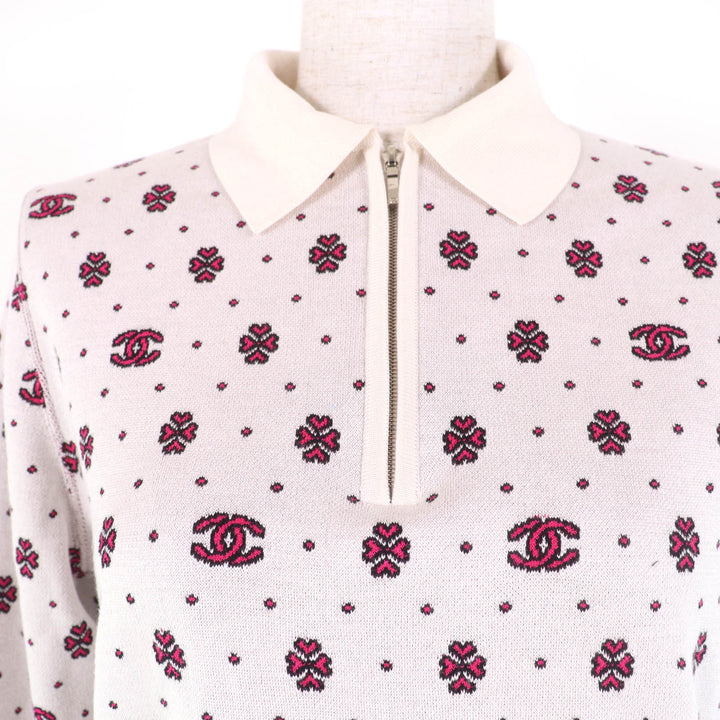 極美品☆CHANEL シャネル 23SS P74276K10699 シルク コットン ココマーク ハーフZIP ニット アイボリー ピンク 36 正規品 レディース