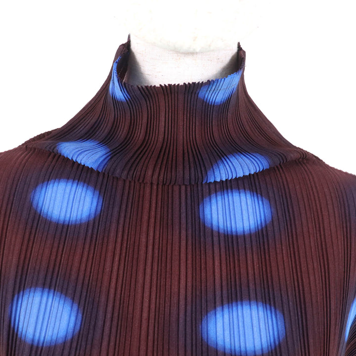 極美品★PLEATS PLEASE プリーツプリーズ イッセイミヤケ PP31-FT363 ドット柄 ハイネック 長袖 プリーツ カットソー ブラウン ブルー 3