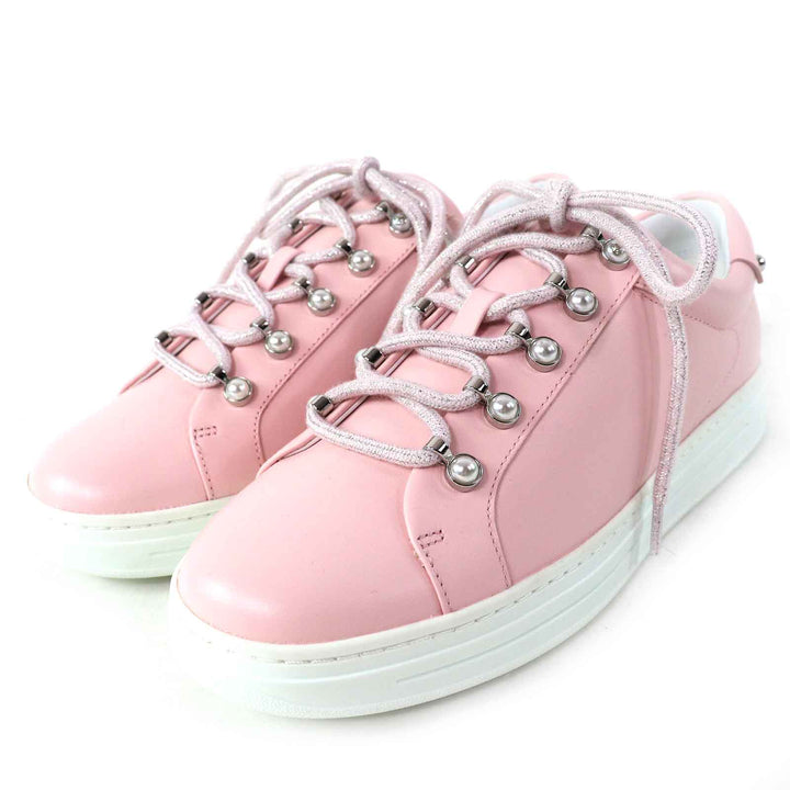 未使用品△JIMMY CHOO ジミーチュウ ANTIBES/F アンティーブ ロゴ パール レースアップ レザー ローカットスニーカー パウダーピンク 39
