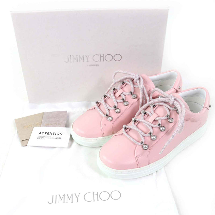 未使用品△JIMMY CHOO ジミーチュウ ANTIBES/F アンティーブ ロゴ パール レースアップ レザー ローカットスニーカー パウダーピンク 39
