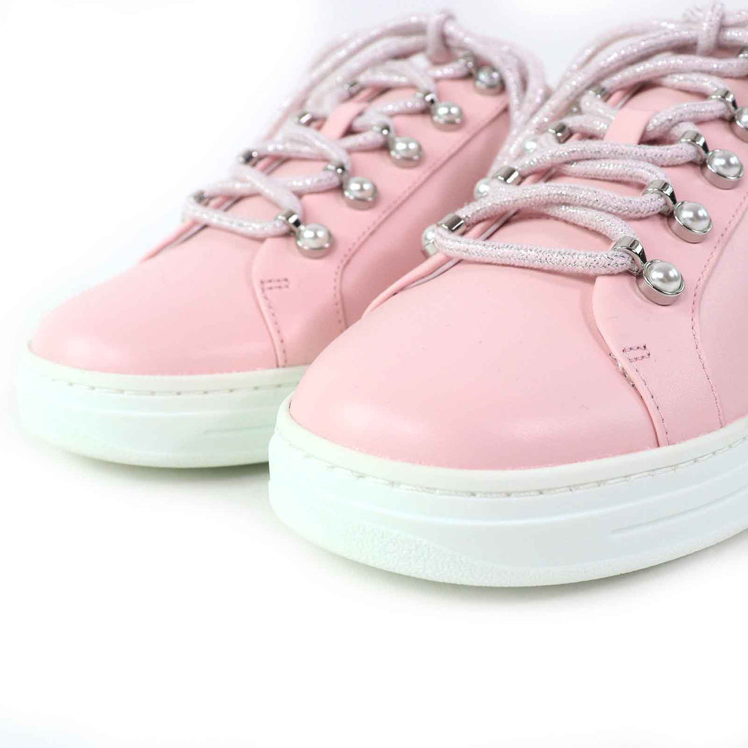 未使用品△JIMMY CHOO ジミーチュウ ANTIBES/F アンティーブ ロゴ パール レースアップ レザー ローカットスニーカー パウダーピンク 39