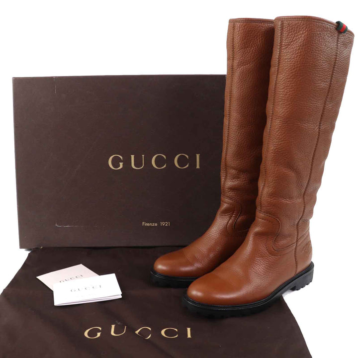 極美品△GUCCI グッチ ロゴ型押し シェリーライン 内側ファー ラウンドトゥ レザー ロングブーツ ブラウン 35 保存袋付 伊製 レディース