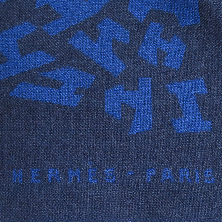 美品◇HERMES エルメス カシミヤ シルク混 Hロゴ 総柄 ミニフリンジ ストール マフラー ショール ネイビー ブラック 英国製 レディース