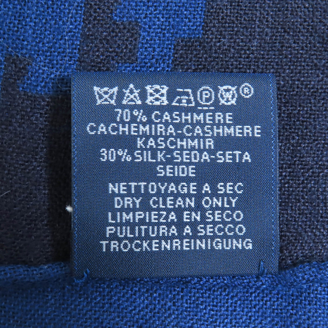美品◇HERMES エルメス カシミヤ シルク混 Hロゴ 総柄 ミニフリンジ ストール マフラー ショール ネイビー ブラック 英国製 レディース